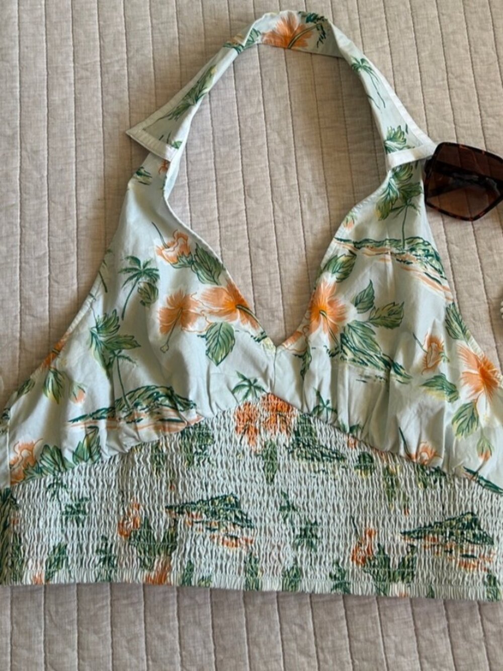 smocked, retro pinup, Hawaiian tropical floral halter crop top M